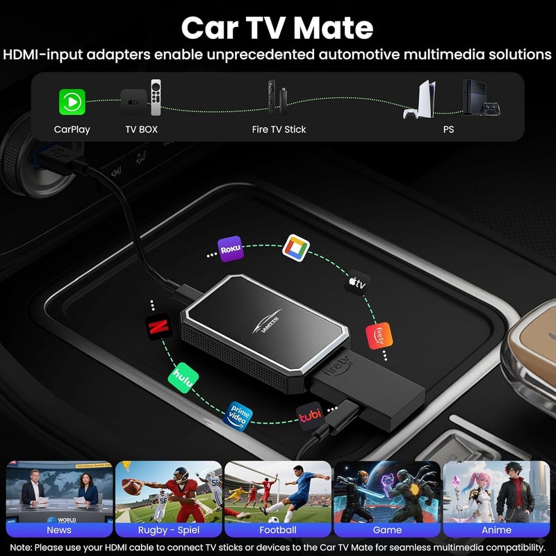 LAMTTO Car TV Mate Pro and Wireless CarPlay Adapter – Upgrade 2 in 1 Magic AI Box Convert Car Screen to TV with HDMI for Fire Stick and Switch for OEM Wired Factory 2016+ - Image 3